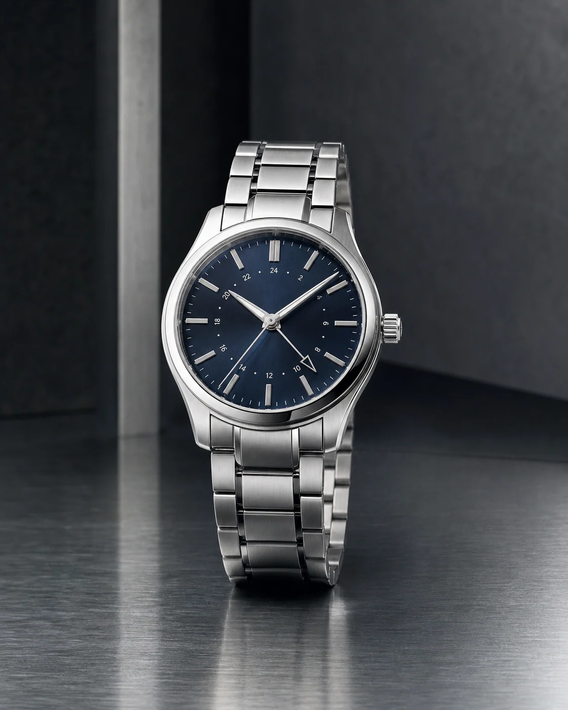 Editorial preview of a steel travel watch with a blue dial