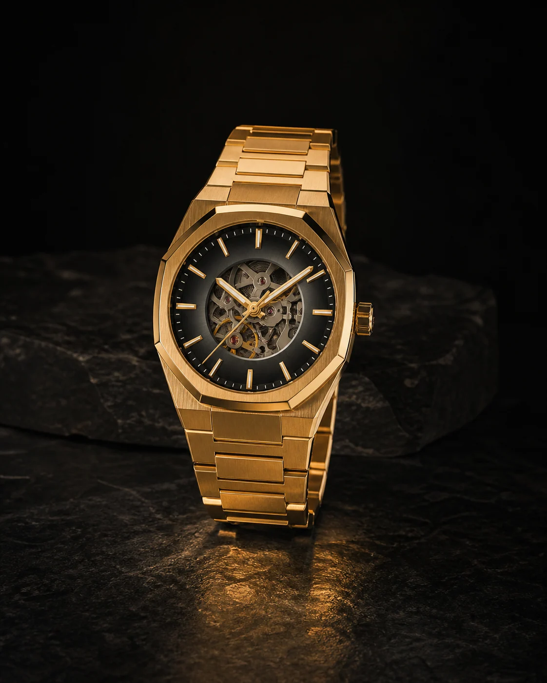 Editorial preview of a gold sports watch on black stone