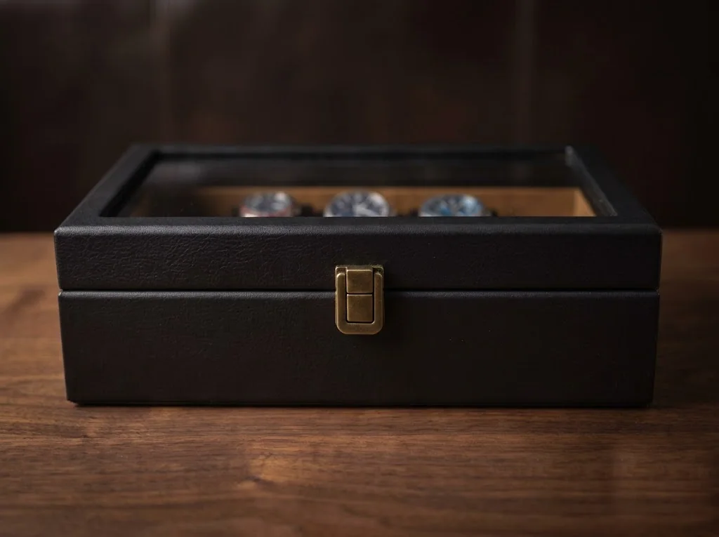 Leather watch presentation box prepared for a private viewing
