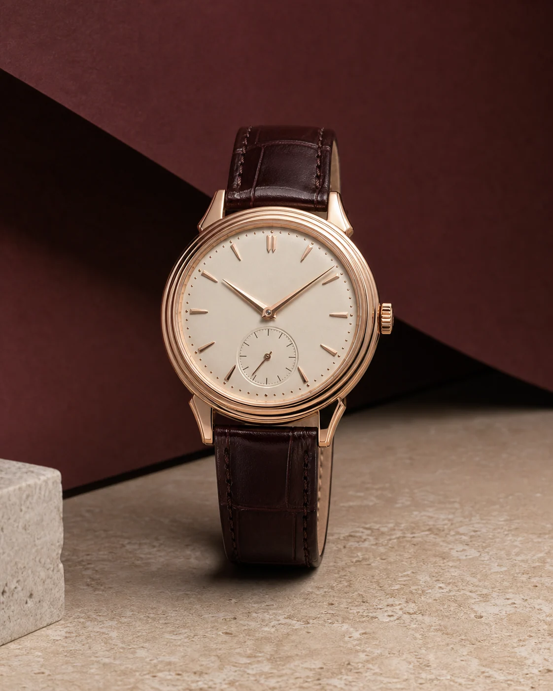 Editorial preview of a rose-gold dress watch
