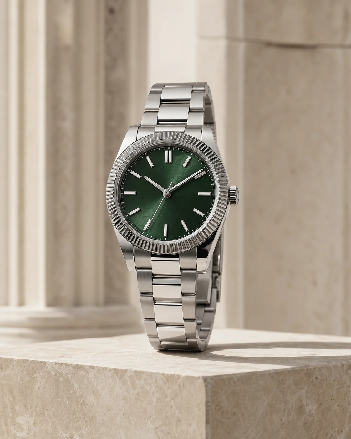 Editorial preview of a steel watch with a green dial